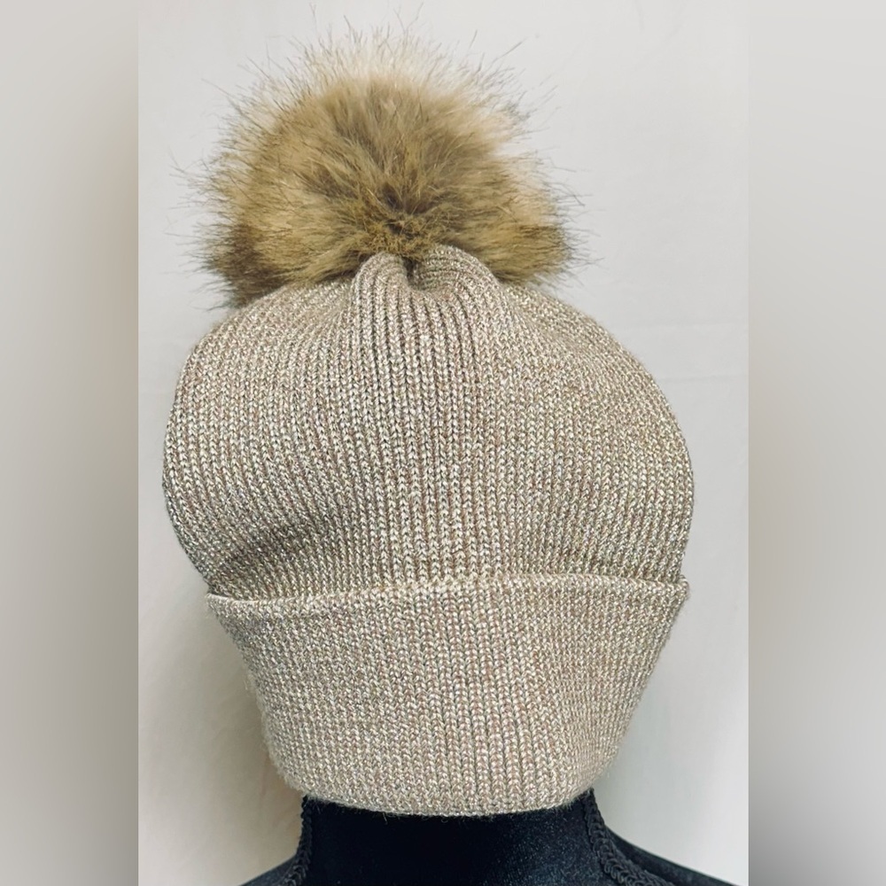 Elegant Tan Knit Beanie with Faux Fur Pom